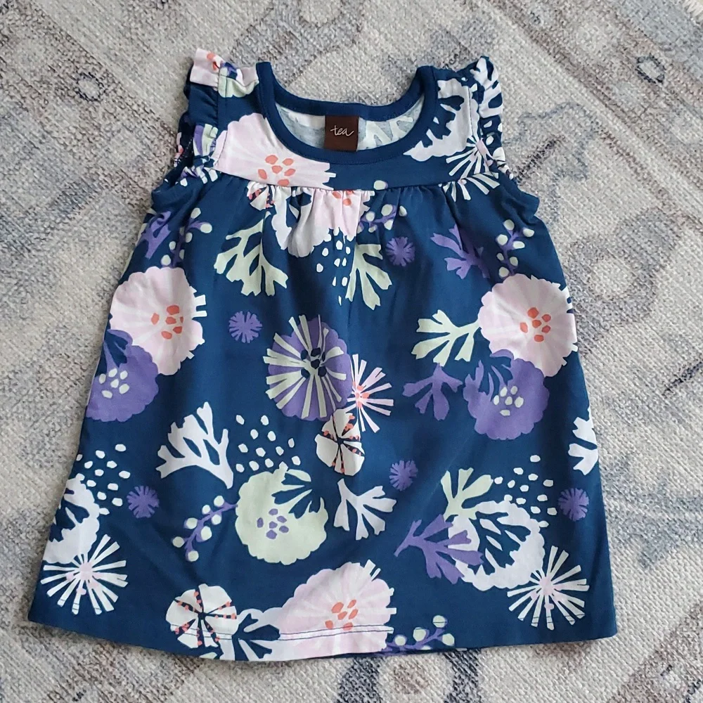 Tea Collection Baby Girls Navy Coral Abstract Print Dress Sz9-12m